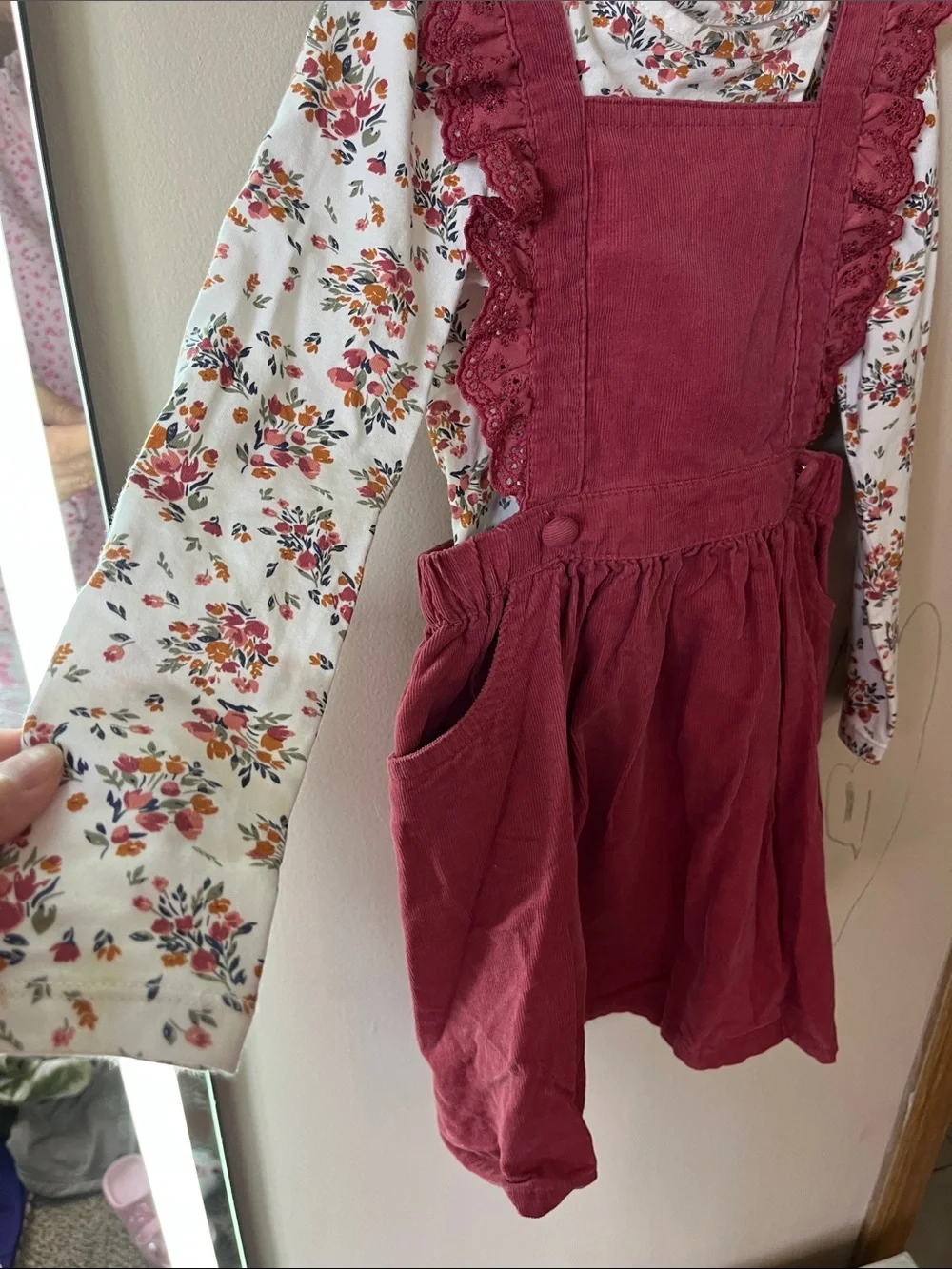 Shabby Chic Burgundy Corduroy Pinafore Dress with Floral Top